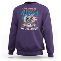 Purple crewneck sweatshirt with front veteran graphic and skull, long sleeves