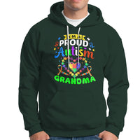 Dark forest green hoodie with colorful “Proud Autism Grandma” graphic and front pocket pouch