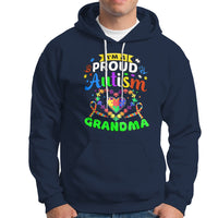 Navy hoodie with colorful “Proud Autism Grandma” graphic and front pocket pouch
