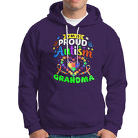 Purple hoodie with colorful “Proud Autism Grandma” graphic and front pocket pouch