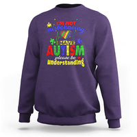 Purple autism mom sweatshirt with colorful front text graphic, “I’m not misbehaving”
