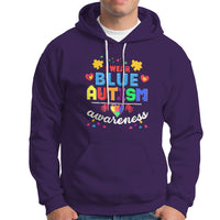 Purple autism awareness hoodie with front graphic lettering and puzzle icon hearts