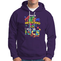 Purple autism hoodie with front pocket and colorful “Have Autism” text graphic