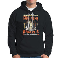 Black engineer graphic hoodie with front kangaroo pocket and drawstring hood.