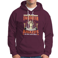 Maroon engineer graphic hoodie with front kangaroo pocket and drawstring hood.