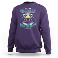 Purple crewneck sweatshirt with engineer graphic and text on the chest