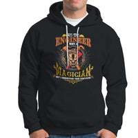 Black engineer hoodie with front pocket, drawstring hood, and graphic print