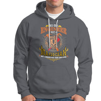 Charcoal engineer hoodie with front pocket, drawstring hood, and graphic print