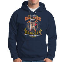 Navy engineer hoodie with front pocket, drawstring hood, and graphic print