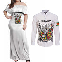 Spirit of Zimbabwe Couples Matching Off Shoulder Maxi Dress and Long Sleeve Button Shirt Tribal Patterns, Flag Colors and Symbol of Peace