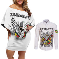 Spirit of Zimbabwe Couples Matching Off Shoulder Short Dress and Long Sleeve Button Shirt Tribal Patterns, Flag Colors and Symbol of Peace