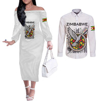 Spirit of Zimbabwe Couples Matching Off The Shoulder Long Sleeve Dress and Long Sleeve Button Shirt Tribal Patterns, Flag Colors and Symbol of Peace