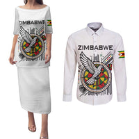 Spirit of Zimbabwe Couples Matching Puletasi and Long Sleeve Button Shirt Tribal Patterns, Flag Colors and Symbol of Peace
