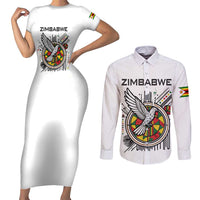 Spirit of Zimbabwe Couples Matching Short Sleeve Bodycon Dress and Long Sleeve Button Shirt Tribal Patterns, Flag Colors and Symbol of Peace
