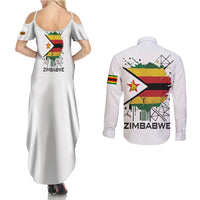 Spirit of Zimbabwe Couples Matching Summer Maxi Dress and Long Sleeve Button Shirt Tribal Patterns, Flag Colors and Symbol of Peace