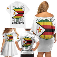 Spirit of Zimbabwe Family Matching Off Shoulder Short Dress and Hawaiian Shirt Tribal Patterns, Flag Colors and Symbol of Peace