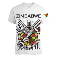Spirit of Zimbabwe Women V-Neck T-Shirt Tribal Patterns, Flag Colors and Symbol of Peace