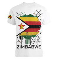 Spirit of Zimbabwe Women V-Neck T-Shirt Tribal Patterns, Flag Colors and Symbol of Peace
