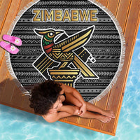 Zimbabwean Bird Statue Beach Blanket Tribal Pattern with National Flag Patch and Heritage Symbol