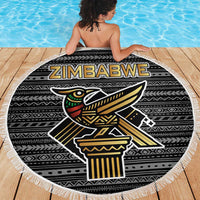 Zimbabwean Bird Statue Beach Blanket Tribal Pattern with National Flag Patch and Heritage Symbol