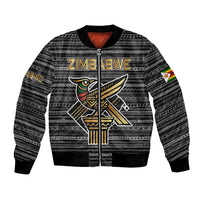 Zimbabwean Bird Statue Bomber Jacket Tribal Pattern with National Flag Patch and Heritage Symbol