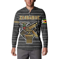 Zimbabwean Bird Statue Button Sweatshirt Tribal Pattern with National Flag Patch and Heritage Symbol