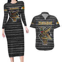 Zimbabwean Bird Statue Couples Matching Long Sleeve Bodycon Dress and Hawaiian Shirt Tribal Pattern with National Flag Patch and Heritage Symbol