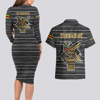 Zimbabwean Bird Statue Couples Matching Long Sleeve Bodycon Dress and Hawaiian Shirt Tribal Pattern with National Flag Patch and Heritage Symbol