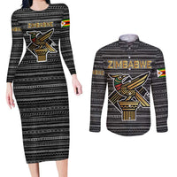 Zimbabwean Bird Statue Couples Matching Long Sleeve Bodycon Dress and Long Sleeve Button Shirt Tribal Pattern with National Flag Patch and Heritage Symbol