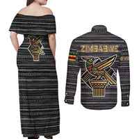Zimbabwean Bird Statue Couples Matching Off Shoulder Maxi Dress and Long Sleeve Button Shirt Tribal Pattern with National Flag Patch and Heritage Symbol