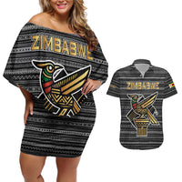 Zimbabwean Bird Statue Couples Matching Off Shoulder Short Dress and Hawaiian Shirt Tribal Pattern with National Flag Patch and Heritage Symbol