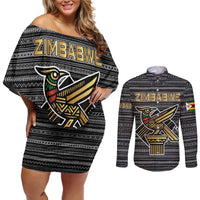 Zimbabwean Bird Statue Couples Matching Off Shoulder Short Dress and Long Sleeve Button Shirt Tribal Pattern with National Flag Patch and Heritage Symbol