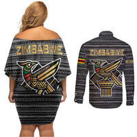 Zimbabwean Bird Statue Couples Matching Off Shoulder Short Dress and Long Sleeve Button Shirt Tribal Pattern with National Flag Patch and Heritage Symbol