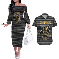 Zimbabwean Bird Statue Couples Matching Off The Shoulder Long Sleeve Dress and Hawaiian Shirt Tribal Pattern with National Flag Patch and Heritage Symbol