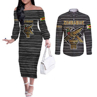 Zimbabwean Bird Statue Couples Matching Off The Shoulder Long Sleeve Dress and Long Sleeve Button Shirt Tribal Pattern with National Flag Patch and Heritage Symbol
