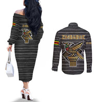 Zimbabwean Bird Statue Couples Matching Off The Shoulder Long Sleeve Dress and Long Sleeve Button Shirt Tribal Pattern with National Flag Patch and Heritage Symbol
