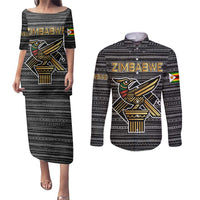 Zimbabwean Bird Statue Couples Matching Puletasi and Long Sleeve Button Shirt Tribal Pattern with National Flag Patch and Heritage Symbol