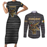 Zimbabwean Bird Statue Couples Matching Short Sleeve Bodycon Dress and Long Sleeve Button Shirt Tribal Pattern with National Flag Patch and Heritage Symbol