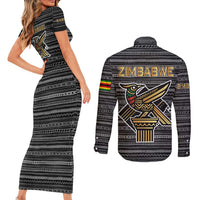 Zimbabwean Bird Statue Couples Matching Short Sleeve Bodycon Dress and Long Sleeve Button Shirt Tribal Pattern with National Flag Patch and Heritage Symbol