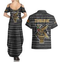 Zimbabwean Bird Statue Couples Matching Summer Maxi Dress and Hawaiian Shirt Tribal Pattern with National Flag Patch and Heritage Symbol