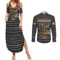 Zimbabwean Bird Statue Couples Matching Summer Maxi Dress and Long Sleeve Button Shirt Tribal Pattern with National Flag Patch and Heritage Symbol