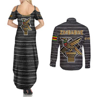 Zimbabwean Bird Statue Couples Matching Summer Maxi Dress and Long Sleeve Button Shirt Tribal Pattern with National Flag Patch and Heritage Symbol