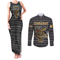 Zimbabwean Bird Statue Couples Matching Tank Maxi Dress and Long Sleeve Button Shirt Tribal Pattern with National Flag Patch and Heritage Symbol