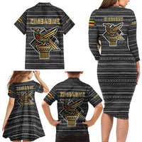 Zimbabwean Bird Statue Family Matching Long Sleeve Bodycon Dress and Hawaiian Shirt Tribal Pattern with National Flag Patch and Heritage Symbol