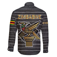 Zimbabwean Bird Statue Family Matching Long Sleeve Bodycon Dress and Hawaiian Shirt Tribal Pattern with National Flag Patch and Heritage Symbol