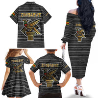 Zimbabwean Bird Statue Family Matching Off The Shoulder Long Sleeve Dress and Hawaiian Shirt Tribal Pattern with National Flag Patch and Heritage Symbol
