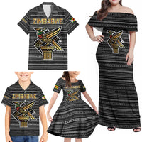 Zimbabwean Bird Statue Family Matching Off Shoulder Maxi Dress and Hawaiian Shirt Tribal Pattern with National Flag Patch and Heritage Symbol