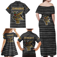 Zimbabwean Bird Statue Family Matching Off Shoulder Maxi Dress and Hawaiian Shirt Tribal Pattern with National Flag Patch and Heritage Symbol