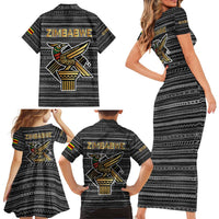 Zimbabwean Bird Statue Family Matching Short Sleeve Bodycon Dress and Hawaiian Shirt Tribal Pattern with National Flag Patch and Heritage Symbol
