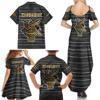 Zimbabwean Bird Statue Family Matching Summer Maxi Dress and Hawaiian Shirt Tribal Pattern with National Flag Patch and Heritage Symbol